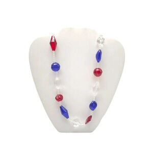 Trifari Patriotic Lucite Red White Blue Beaded Necklace Gold Tone Vintage 30.5"